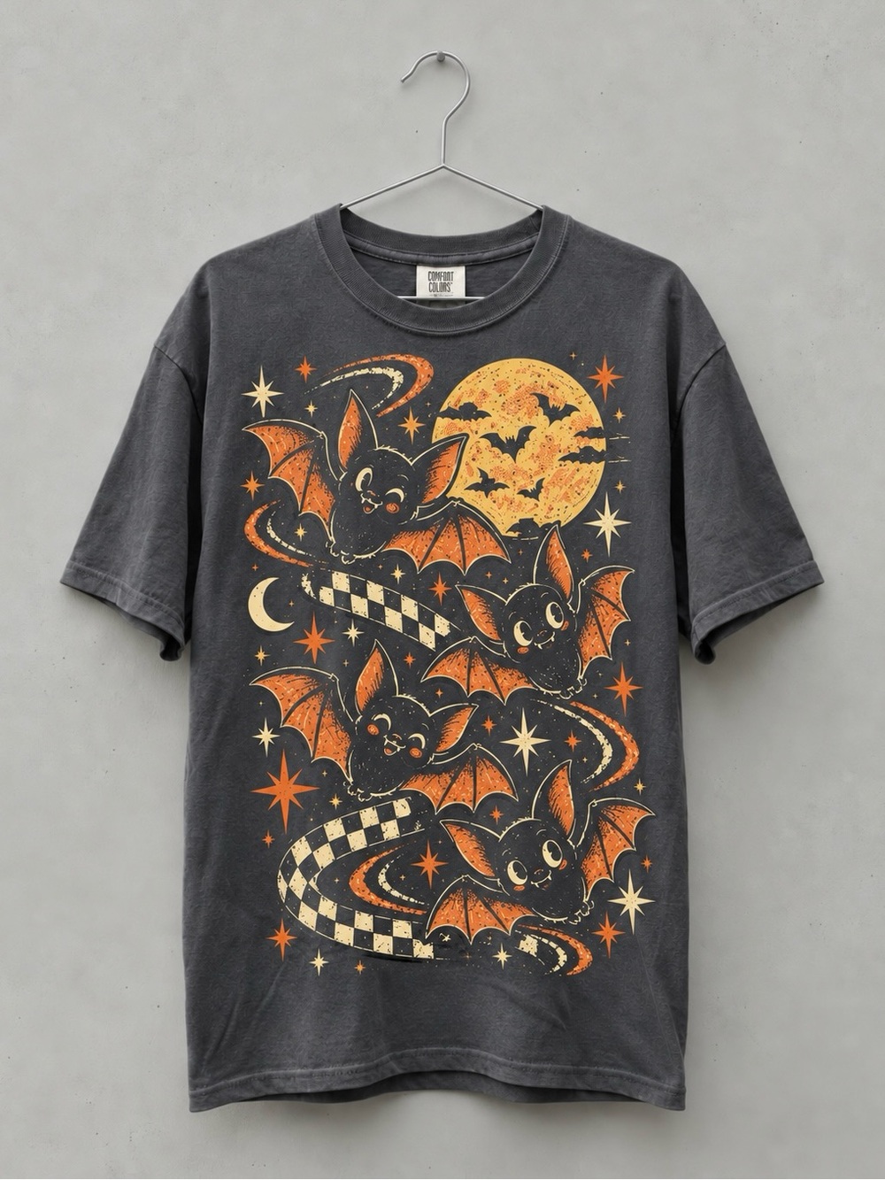 Flying Bats Checkerboard Moon Charcoal Spooky Aesthetic Comfort Color Tee